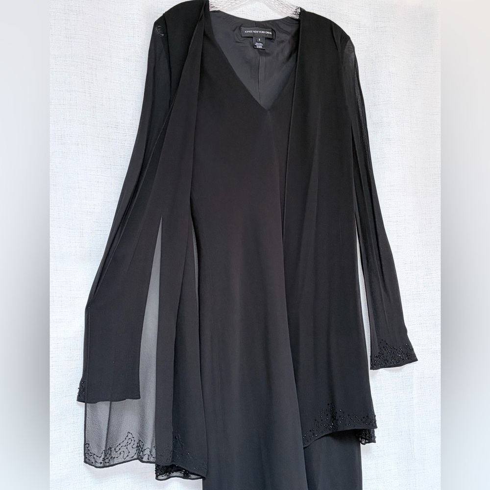 Elegant mini cocktail black silk dress,long sleeve flare jacket.Embroidery.Sz 8